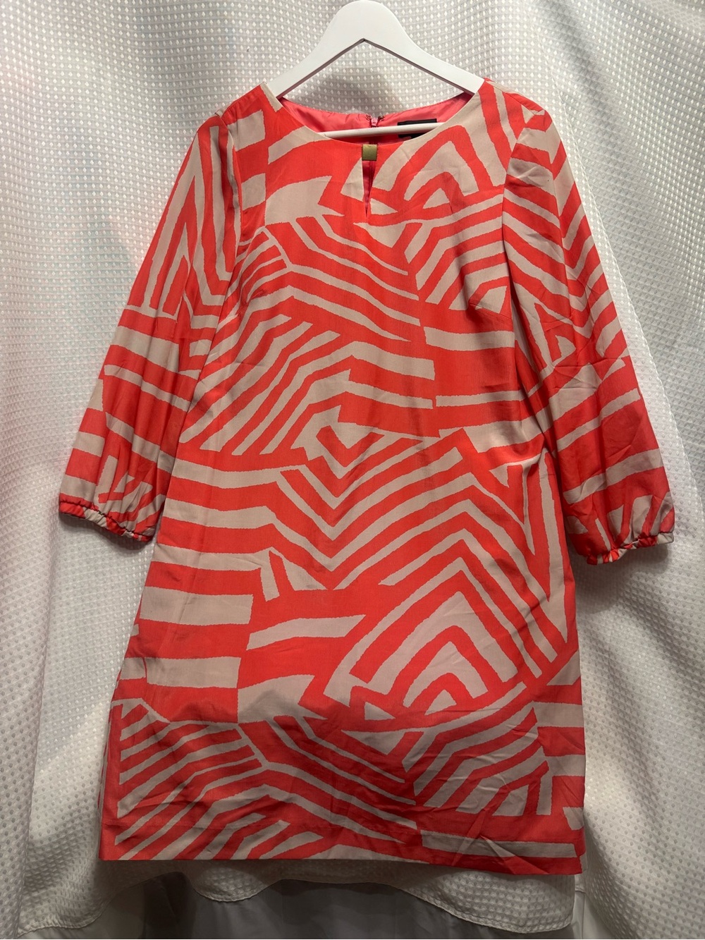 Tahari Coral and Cream Geometric Shift Dress